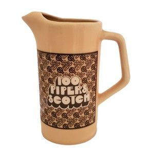 Vintage 70s Seagram 100 Pipers Scotch Ceramic Pitcher Tan w/ Brown